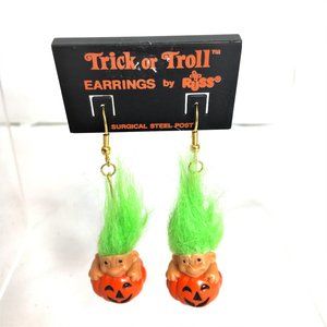 VTG Russ Troll Green Hair Pumpkin Dangle Earrings halloween